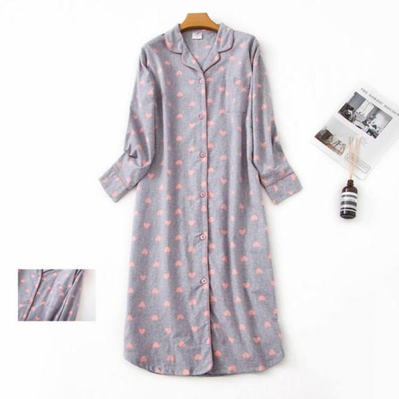 Long Sleeve Night Gown Pajama Dress with Pink Hearts perfect for Post Partum - Picture 4 of 11